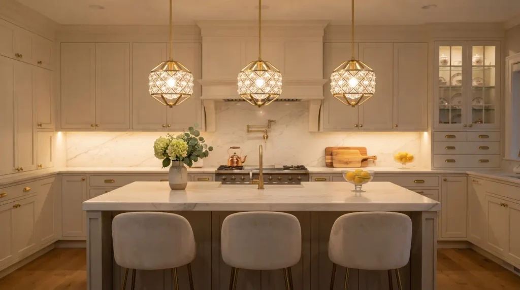crsytal and gold pendant lights Elegant Luxury Kitchen finds
