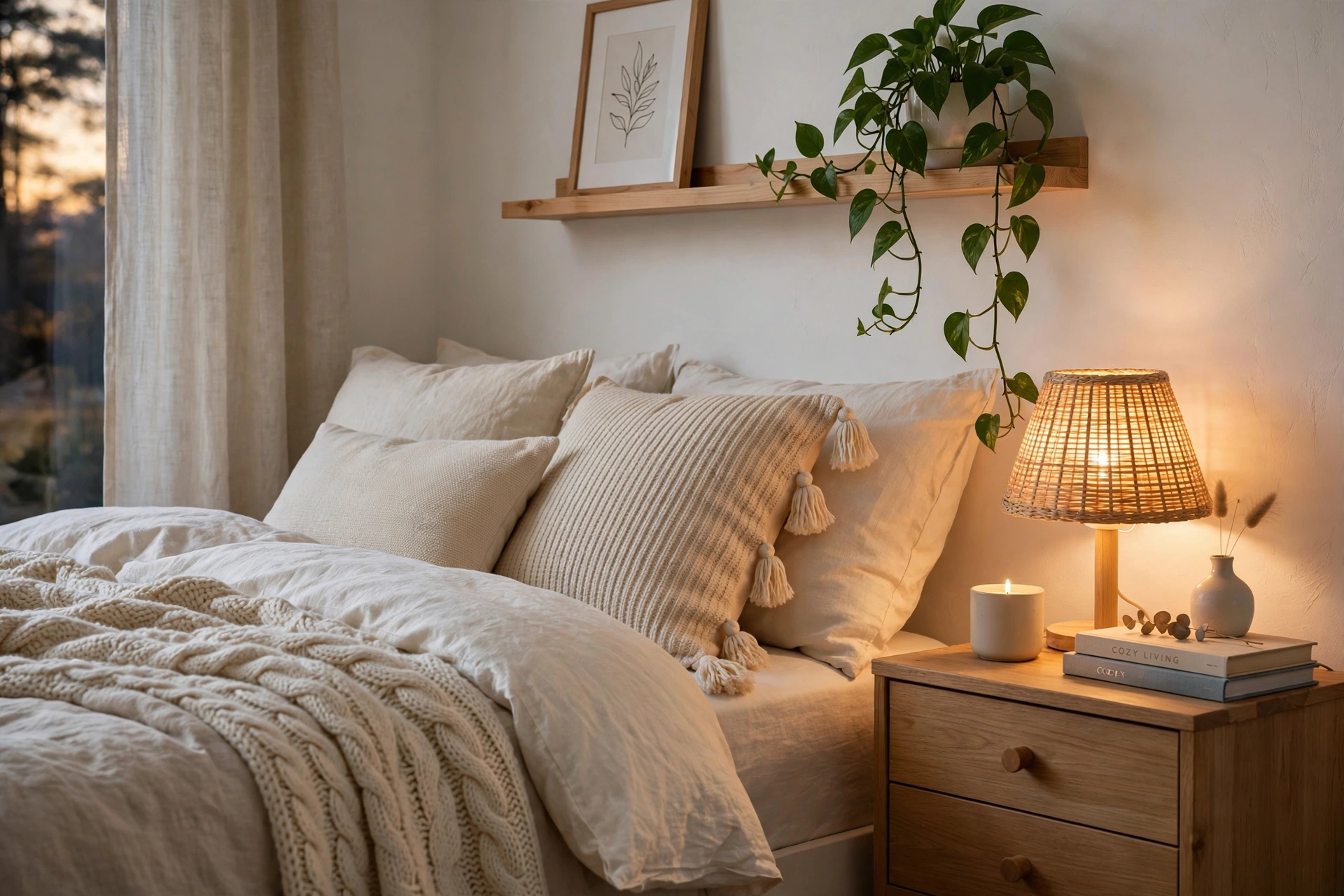 Cosy small bedroom decor with layered bedding, a warm bedside lamp and a trailing plant