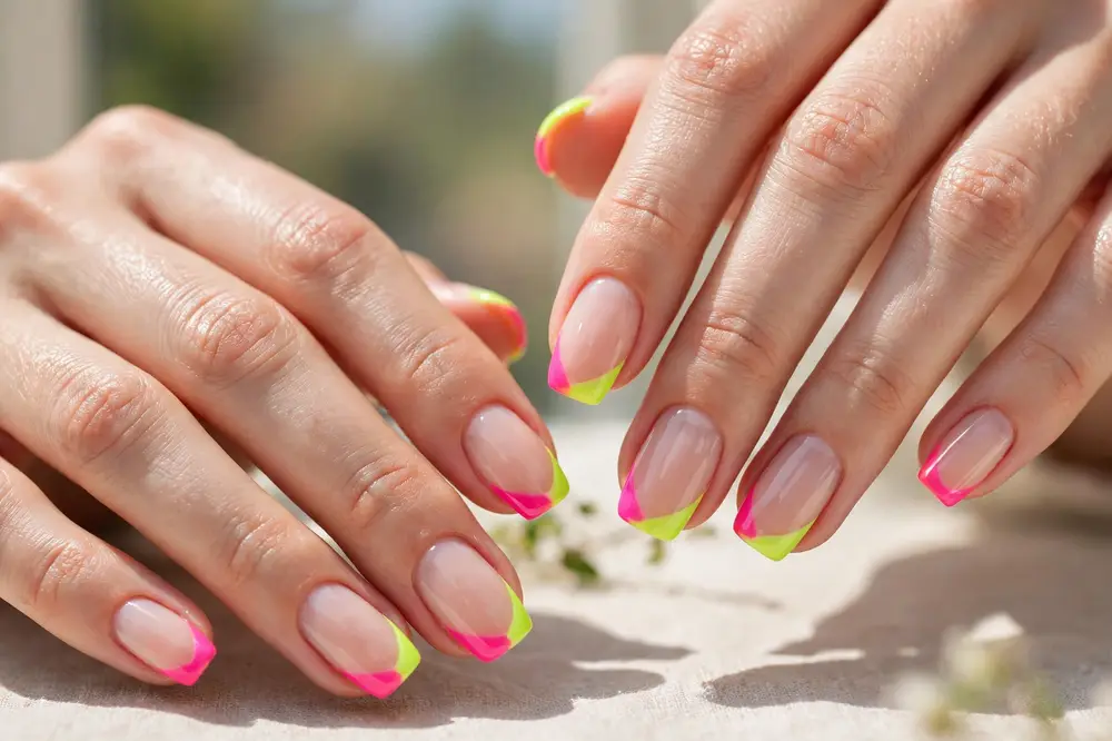 Neon French tips nail art on a natural nail base