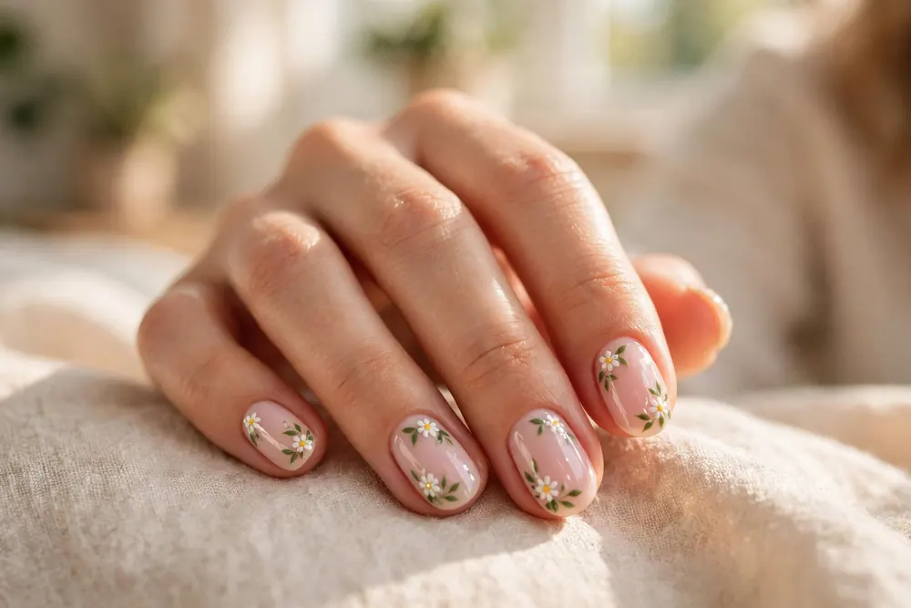 Delicate floral nail art designs on oval nails