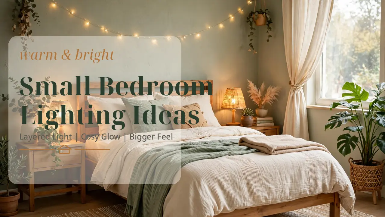 Small bedroom lighting ideas in a cosy tiny bedroom with warm fairy lights, a glowing bedside lamp and soft daylight through the window