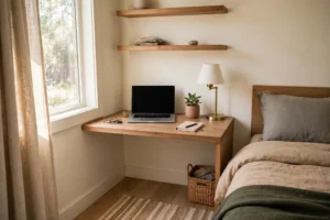 Compact desk setup against a small wall in a small male bedroom