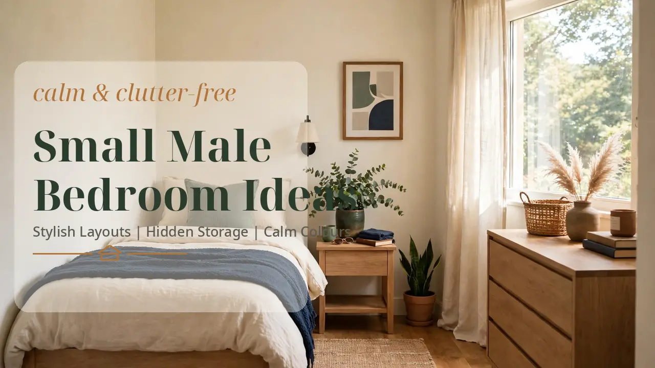 Small male bedroom with a neat bed, deep colour accents and hidden storage in a tiny room