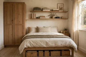 Closed storage and wardrobe ideas keeping a small male bedroom clutter-free