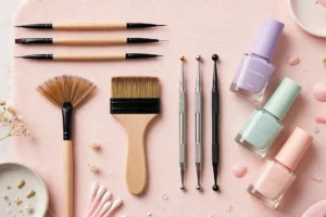 Types of art nail brushes – detail liner brushes, fan brush, flat brush and dotting tools with pastel nail polishes
